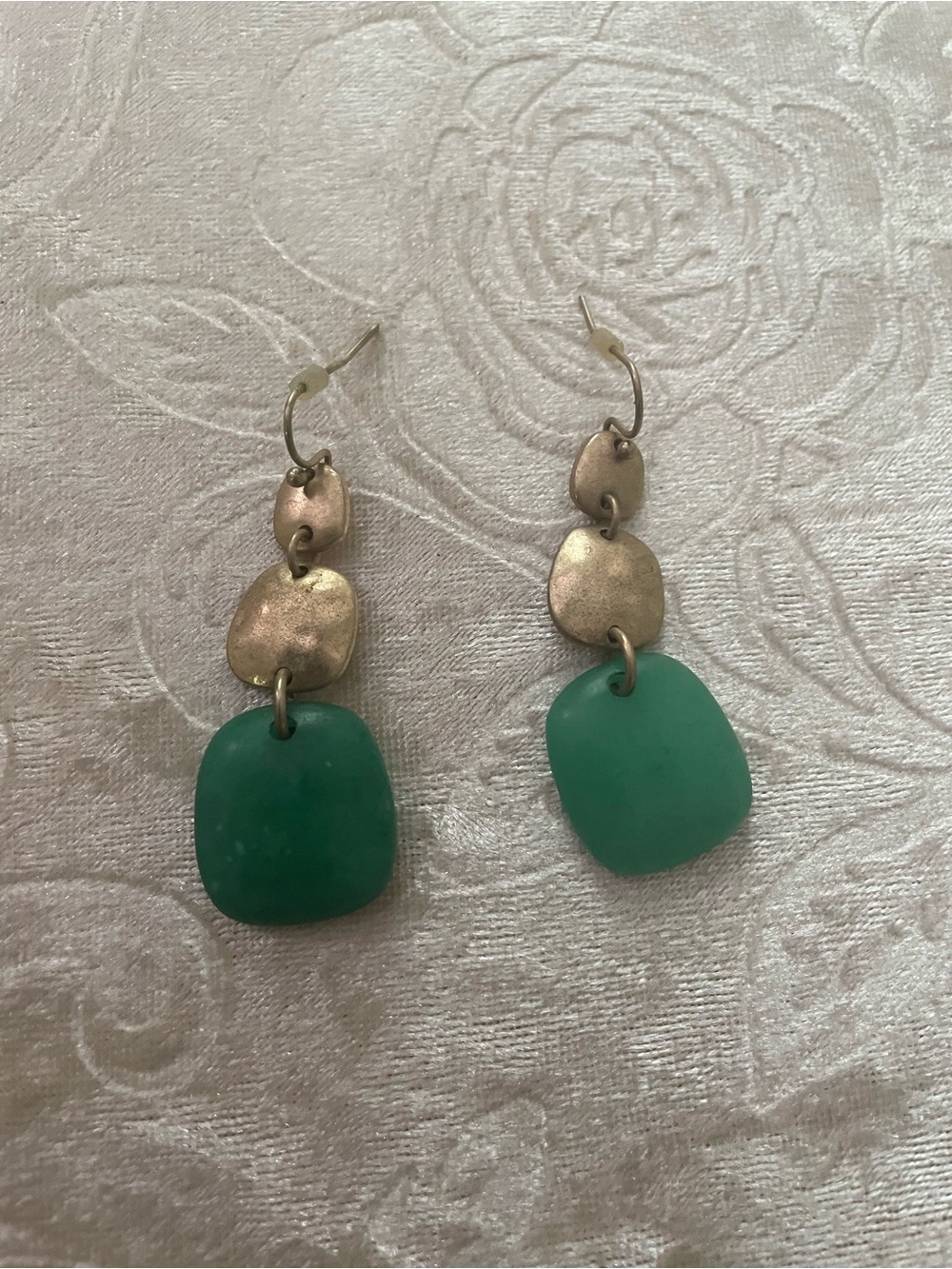 Green Stone Drop Earrings with Gold-Tone Links